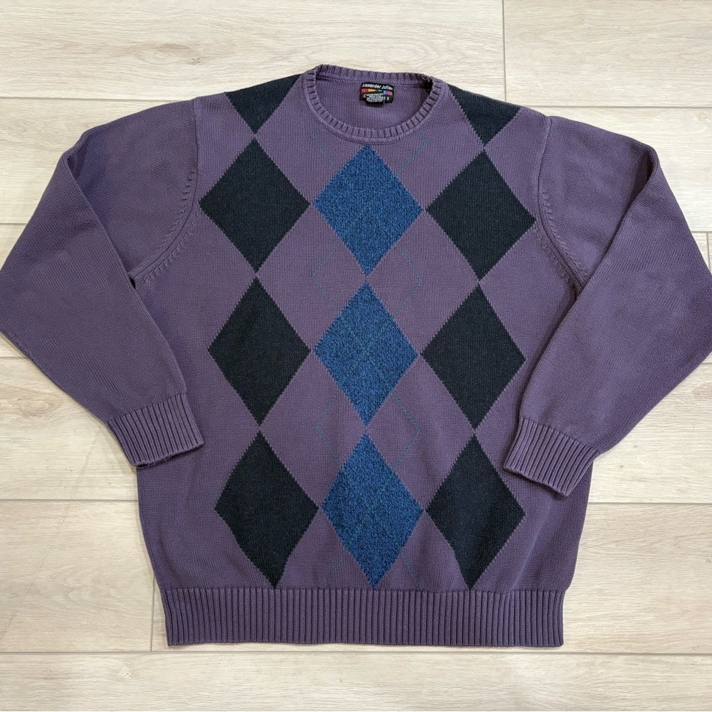 Alexander Julian COLORS Purple Preppy Retro 100% Cotton Argyle Sweater Mens XXL